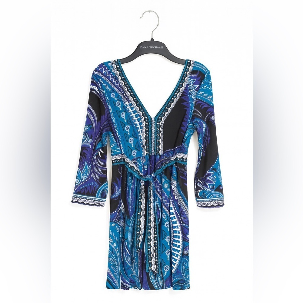 New York & Company V-Neck Stretch Dress – Size Large, Bold Print, Back Tie - Picture 2 of 3